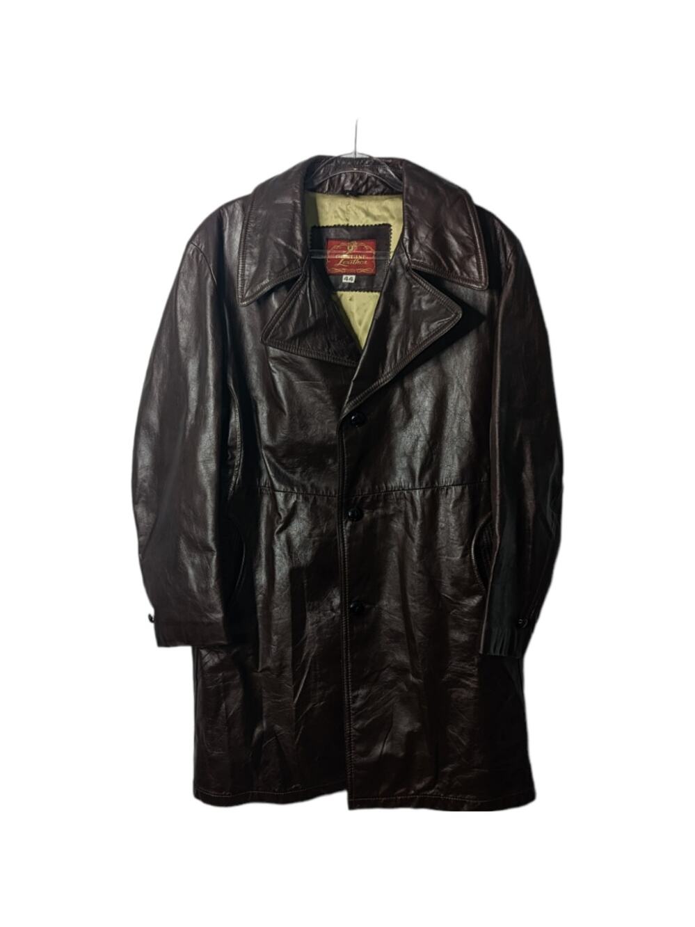 Vintage 70's Brown Leather Jacket Mid Length Trench Coat Men's 3 Button